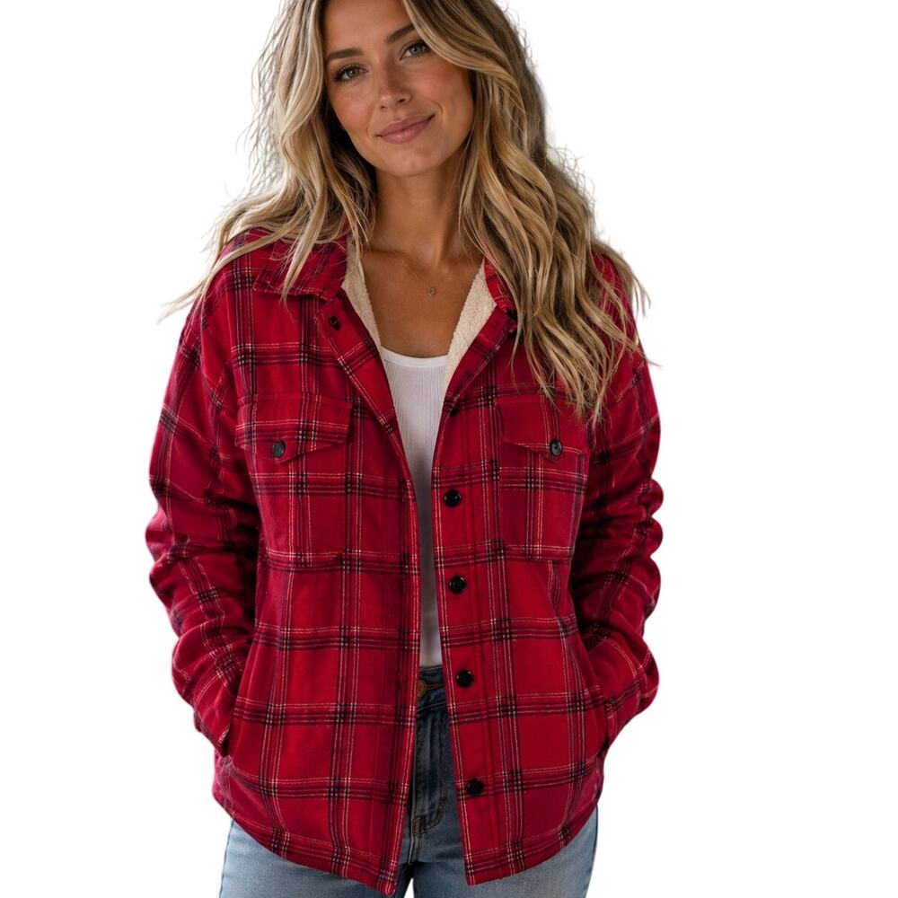 Lucky Brand Sherpa-Lined Shacket Womens Medium Red Black Plaid Shirt Jacket